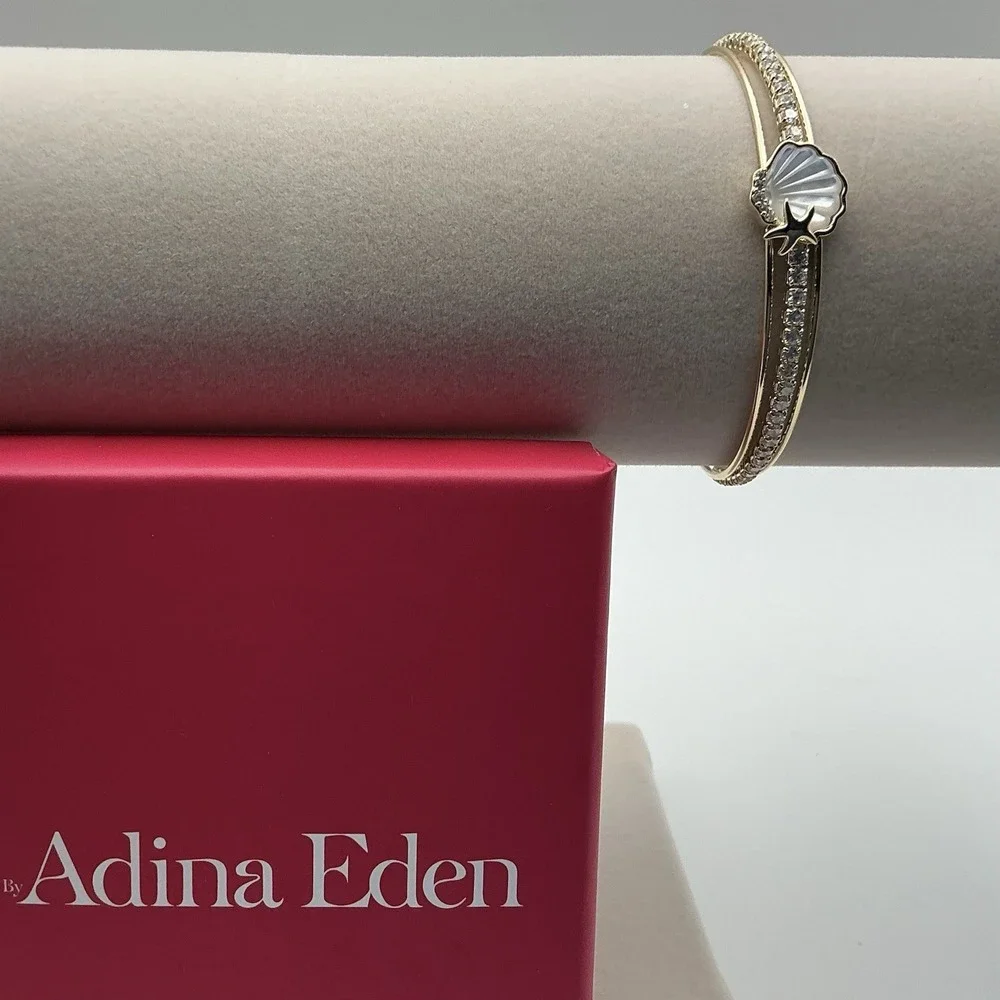 Adina Eden Mother of Pearl Shell Gold Plated Waterproof CZ Cuff Bracelet Box